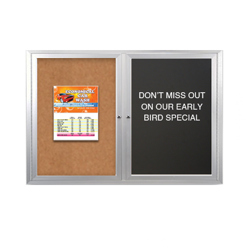Enclosed 2-Door INDOOR Combo Board 84x30 | Cork Bulletin Board & FELT Letter Board