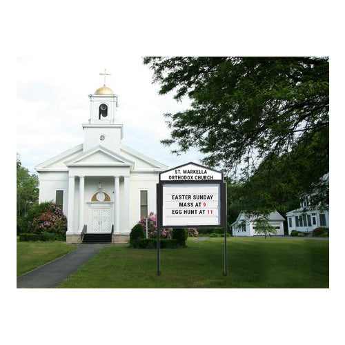 Freestanding 48x48 Cathedral Message Readerboard swings open for easy reader board change, lock close. Reader Board Display is Single-Sided. Add your own Logo Design on site, or have our team apply your Personalized Header.