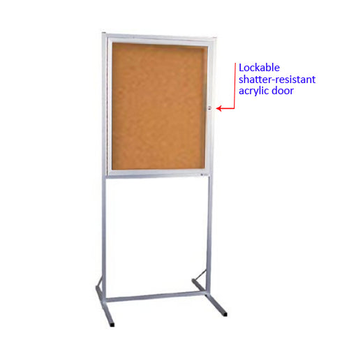 ENCLOSED DOUBLE PEDESTAL 30 x 36 CORK BOARD FLOOR STAND (SATIN SILVER)