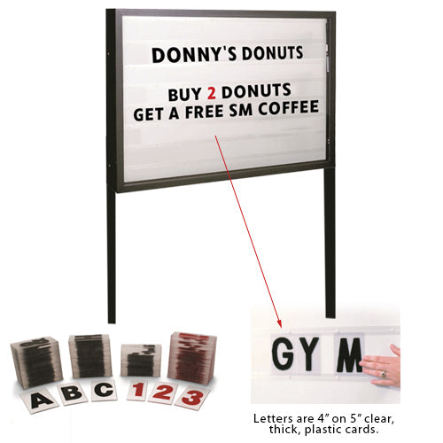 FREESTANDING Enclosed HEAVY DUTY 72x48 Reader Board is SINGLE SIDED with 300 characters included. Easily slide them in and out to update your message with Optional LED Back-Light Available (2 Posts Included)