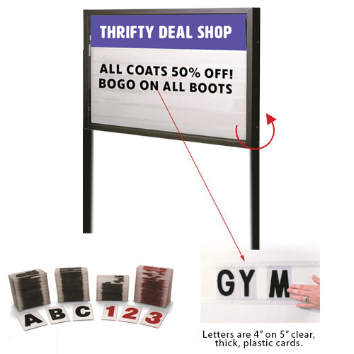 FREESTANDING Enclosed HEAVY DUTY 84x60 Reader Board with Personalized Header is DOUBLE SIDED with 300 characters included. Easily slide them in and out to update your message with Optional LED Back-Light Available (2 Posts Included)