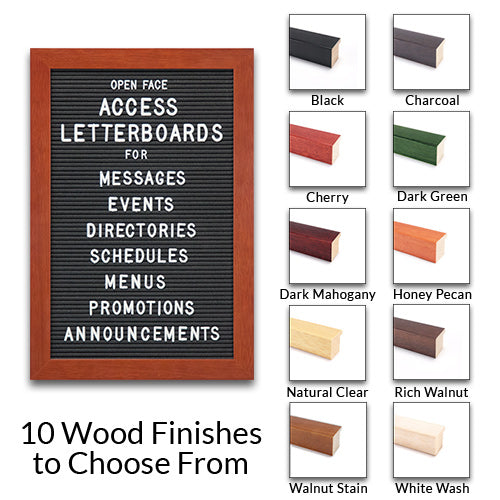 10x10 Access Letterboard | Open Face Framed Black Vinyl Letter Board with Traditional Wood Frame Offered in 10 Finishes