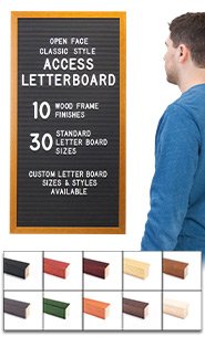Access Letterboard | Open Face 24x30 Framed Black Vinyl Letter Board with 10 Classic Wooden 361 Frame Finishes