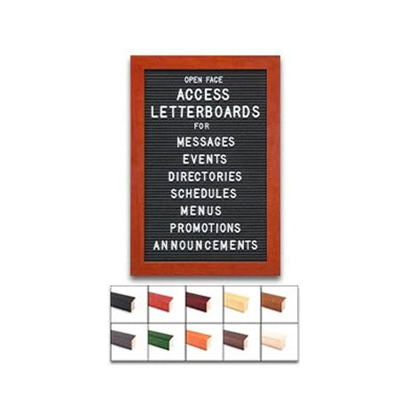Access Letterboard | Open Face 12x18 Framed Black Vinyl Letter Board with 10 Classic Wooden 361 Frame Finishes