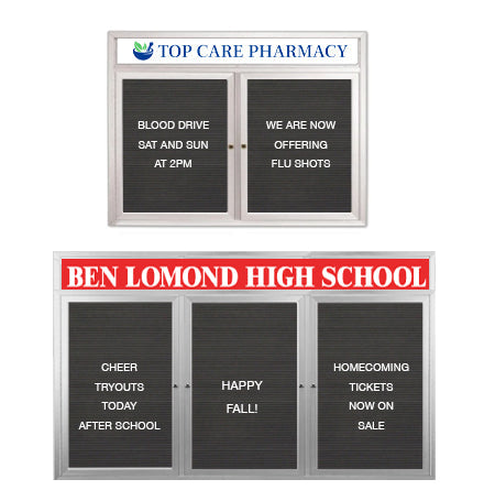 Outdoor Enclosed Letter Boards with Message Header and LED Lights | 2 and 3 Door Display Cases in 35+ Sizes